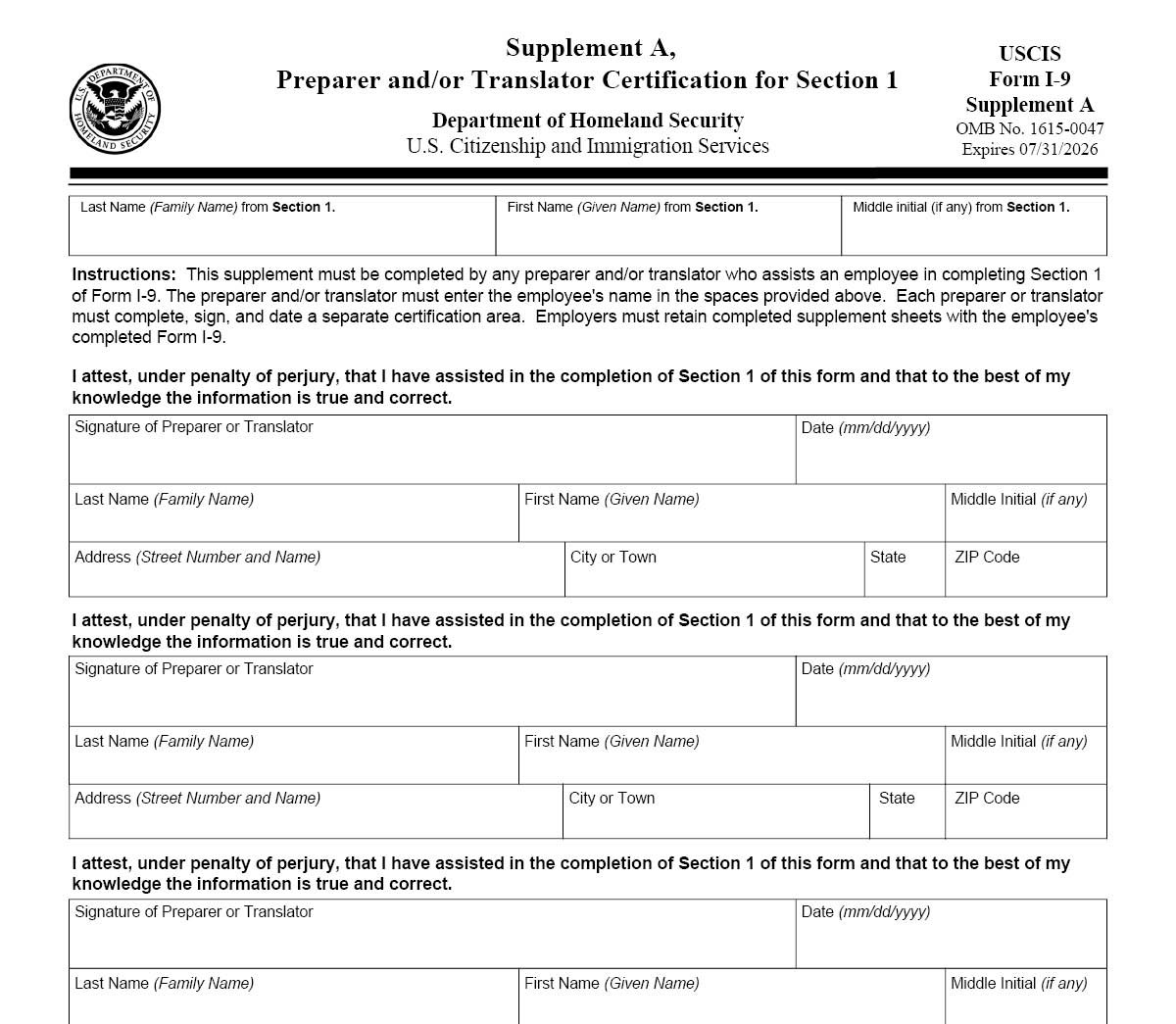 New I-9 Form - Supplement A